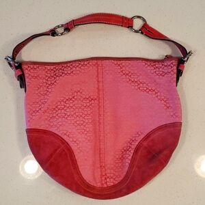 Coach Pink Suede Mini Signature Jacquard Adjustable Hobo Shoulder Bag Y2K Buckle